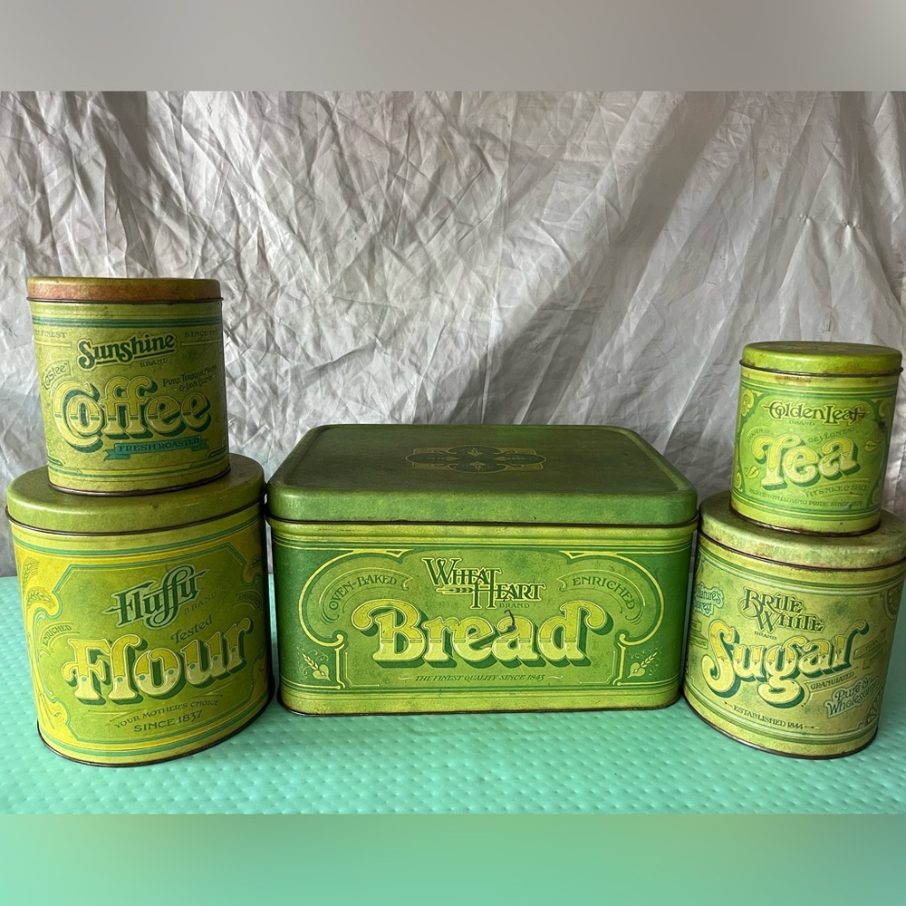 Vintage Green Ballonoff Canister Tin Set with Breadbox